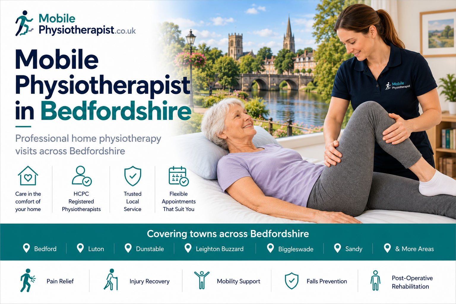 Mobile Physiotherapist: professional home physiotherapy visits across Bedfordshire, covering Bedford, Luton, Dunstable, Leighton Buzzard, Biggleswade, Sandy and more