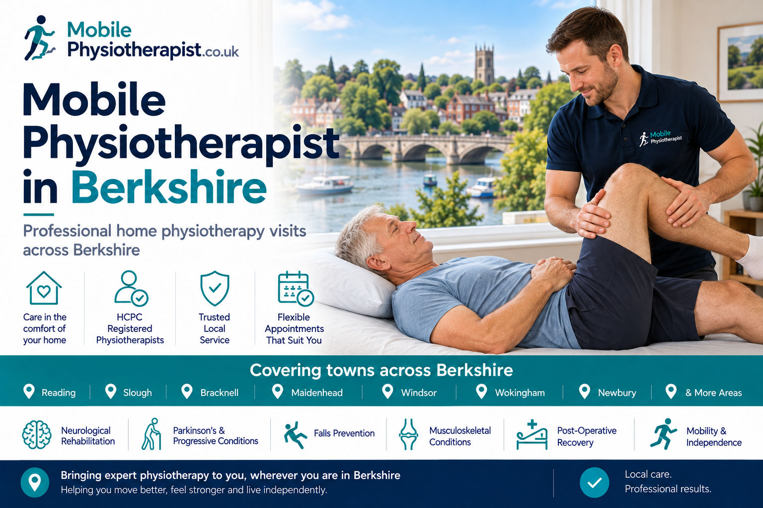 Mobile Physiotherapist: professional home physiotherapy visits across Berkshire, covering Reading, Slough, Bracknell, Maidenhead, Windsor, Wokingham, Newbury and more