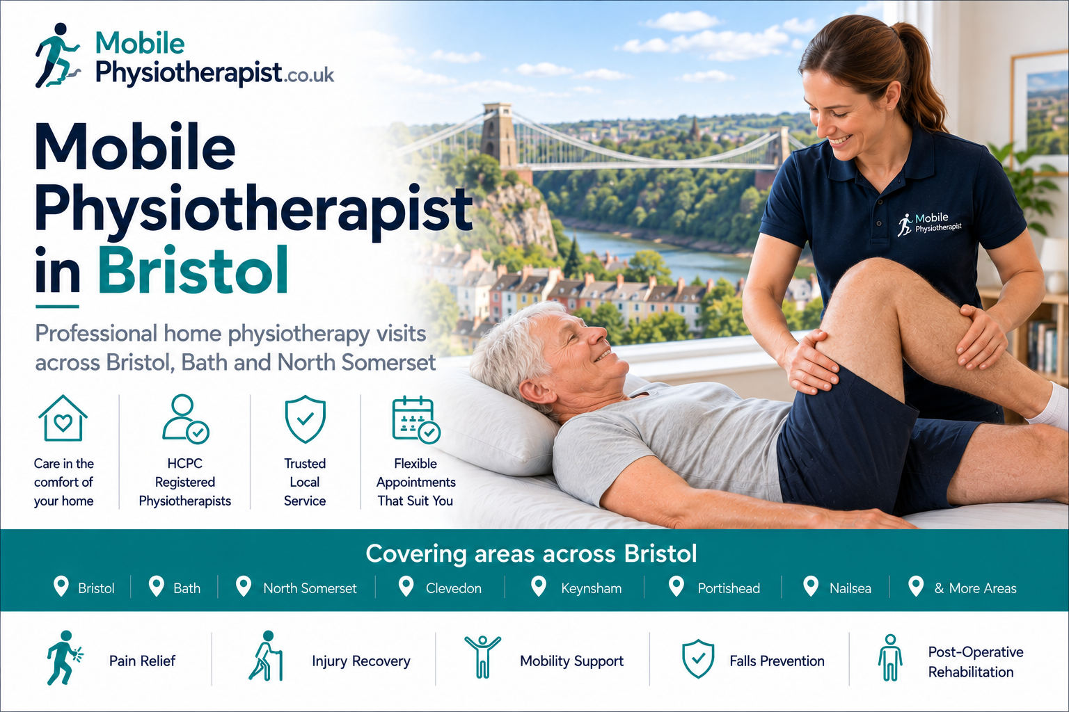 Mobile Physiotherapist: professional home physiotherapy visits across Bristol, Bath and North Somerset, covering Clifton, Bath, Keynsham, Weston-super-Mare, Clevedon and more
