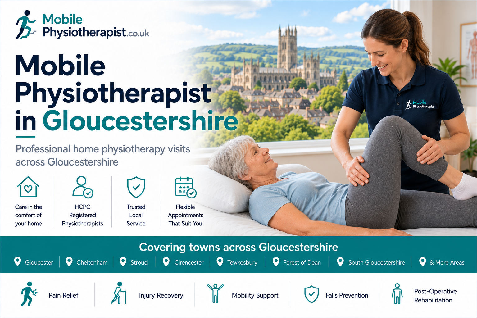 Mobile Physiotherapist: professional home physiotherapy visits across Gloucestershire, covering Gloucester, Cheltenham, Stroud, Cirencester, the Forest of Dean and more