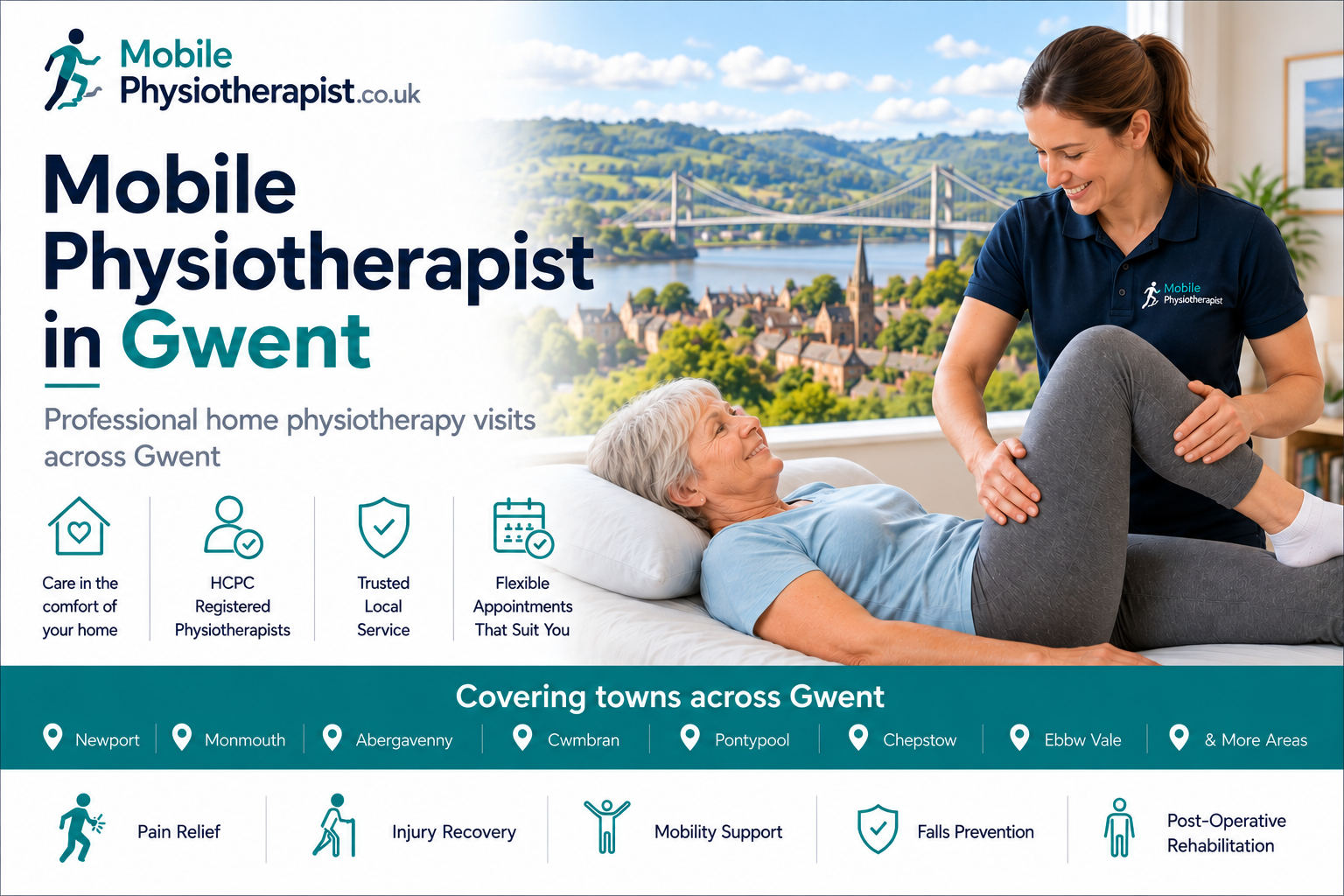 Mobile Physiotherapist: professional home physiotherapy visits across Gwent, covering Newport, Cwmbran, Pontypool, Abergavenny, Chepstow, Ebbw Vale and more