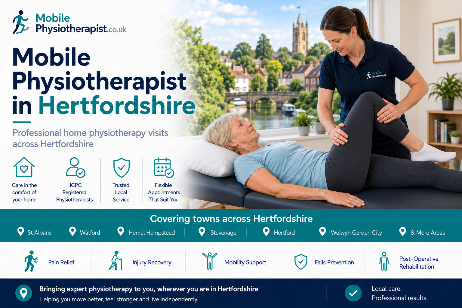 Mobile Physiotherapist: professional home physiotherapy visits across Hertfordshire, covering St Albans, Watford, Hemel Hempstead, Stevenage, Hertford, Welwyn Garden City and more