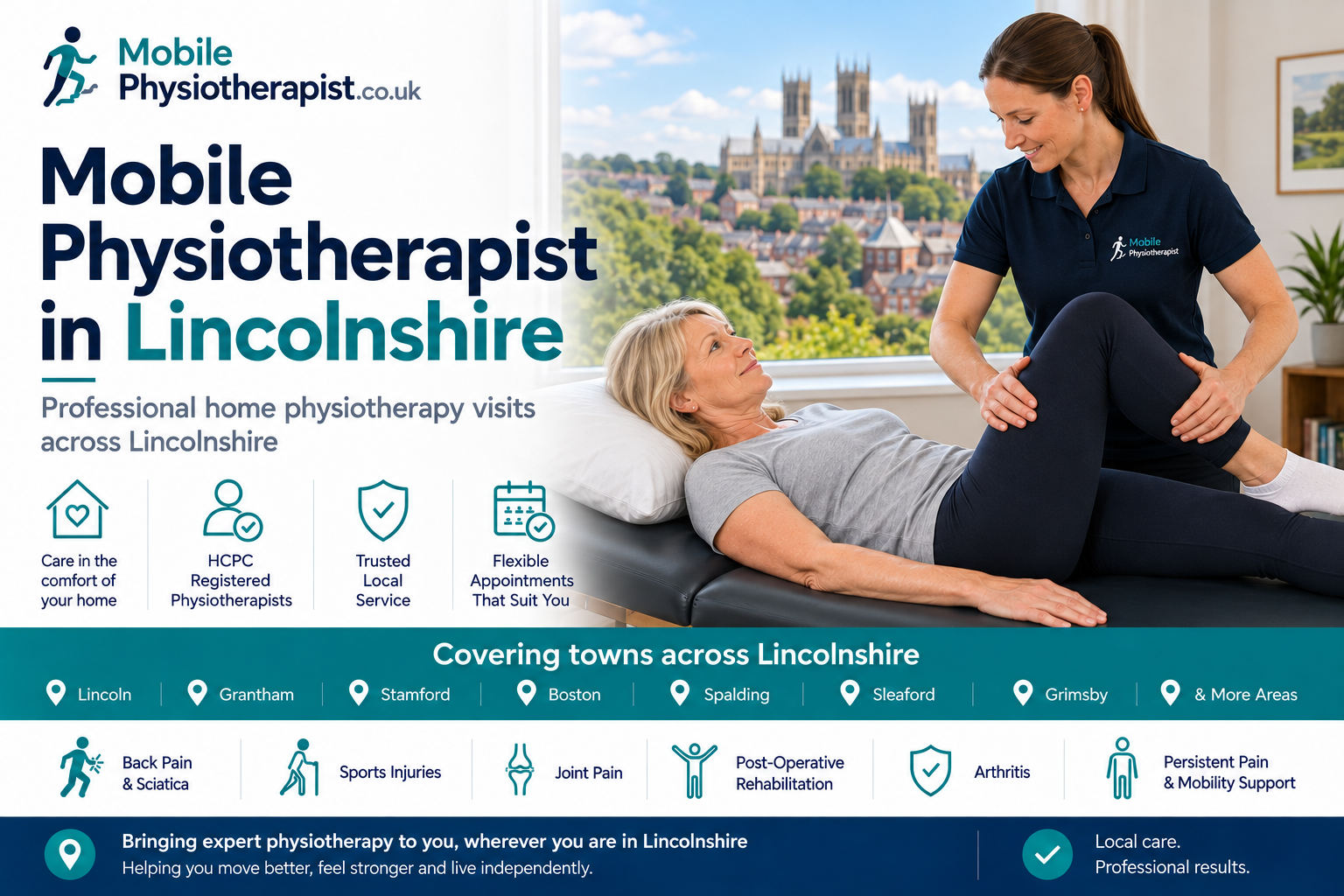 Mobile Physiotherapist: professional home physiotherapy visits across Lincolnshire, covering Lincoln, Grantham, Stamford, Boston, Spalding, Sleaford, Grimsby and more