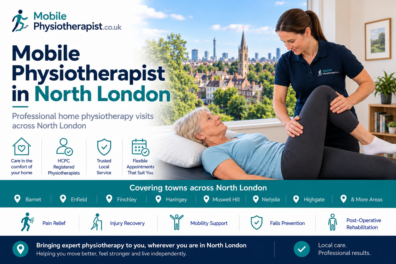 Mobile Physiotherapist: professional home physiotherapy visits across North London, covering Barnet, Enfield, Finchley, Muswell Hill, Highgate and more