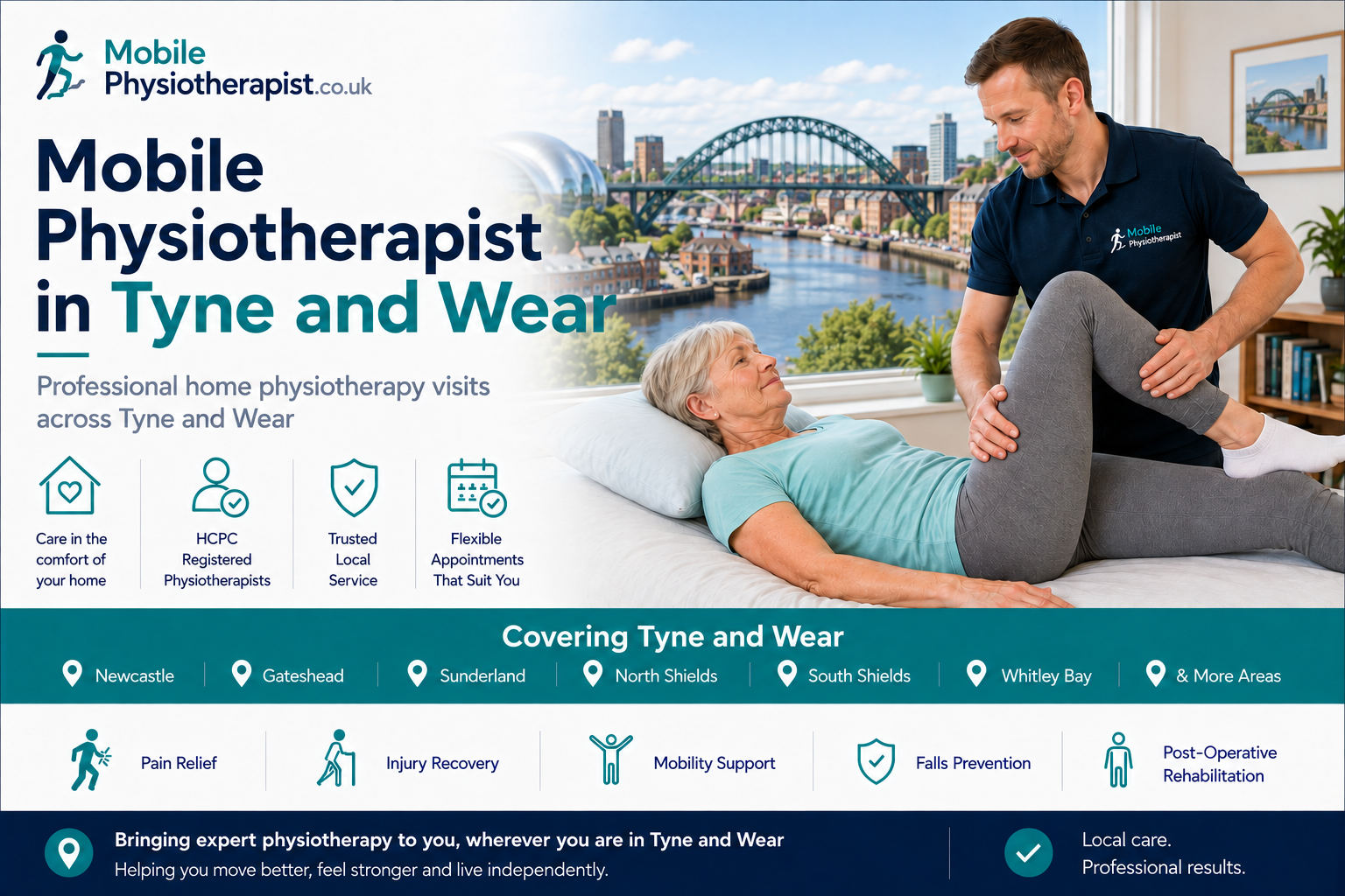 Mobile Physiotherapist: professional home physiotherapy visits across Tyne and Wear, covering Newcastle, Gateshead, Sunderland, North Shields, South Shields, Whitley Bay and more
