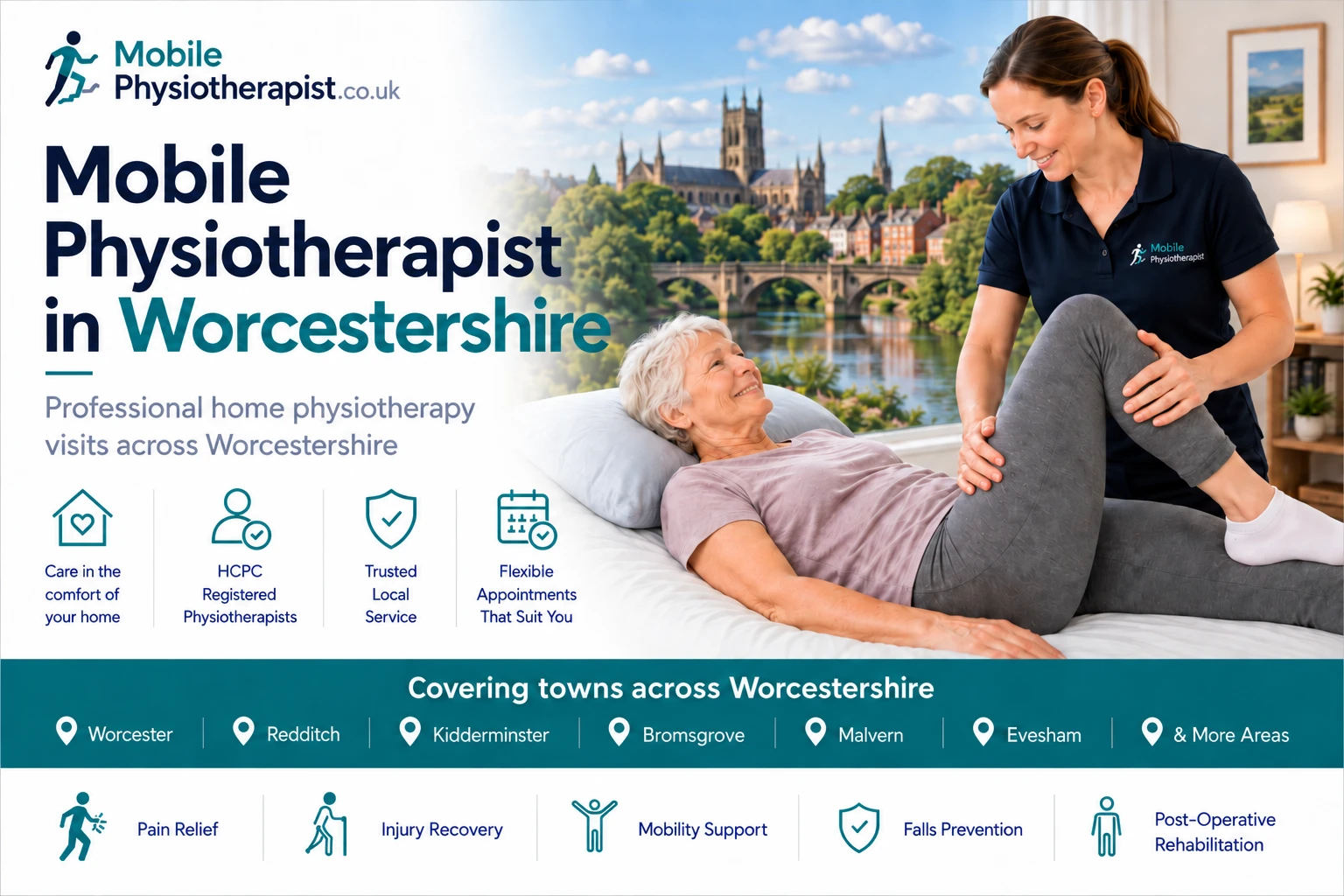 Mobile Physiotherapist: professional home physiotherapy visits across Worcestershire, covering Worcester, Redditch, Kidderminster, Bromsgrove, Malvern, Evesham and more