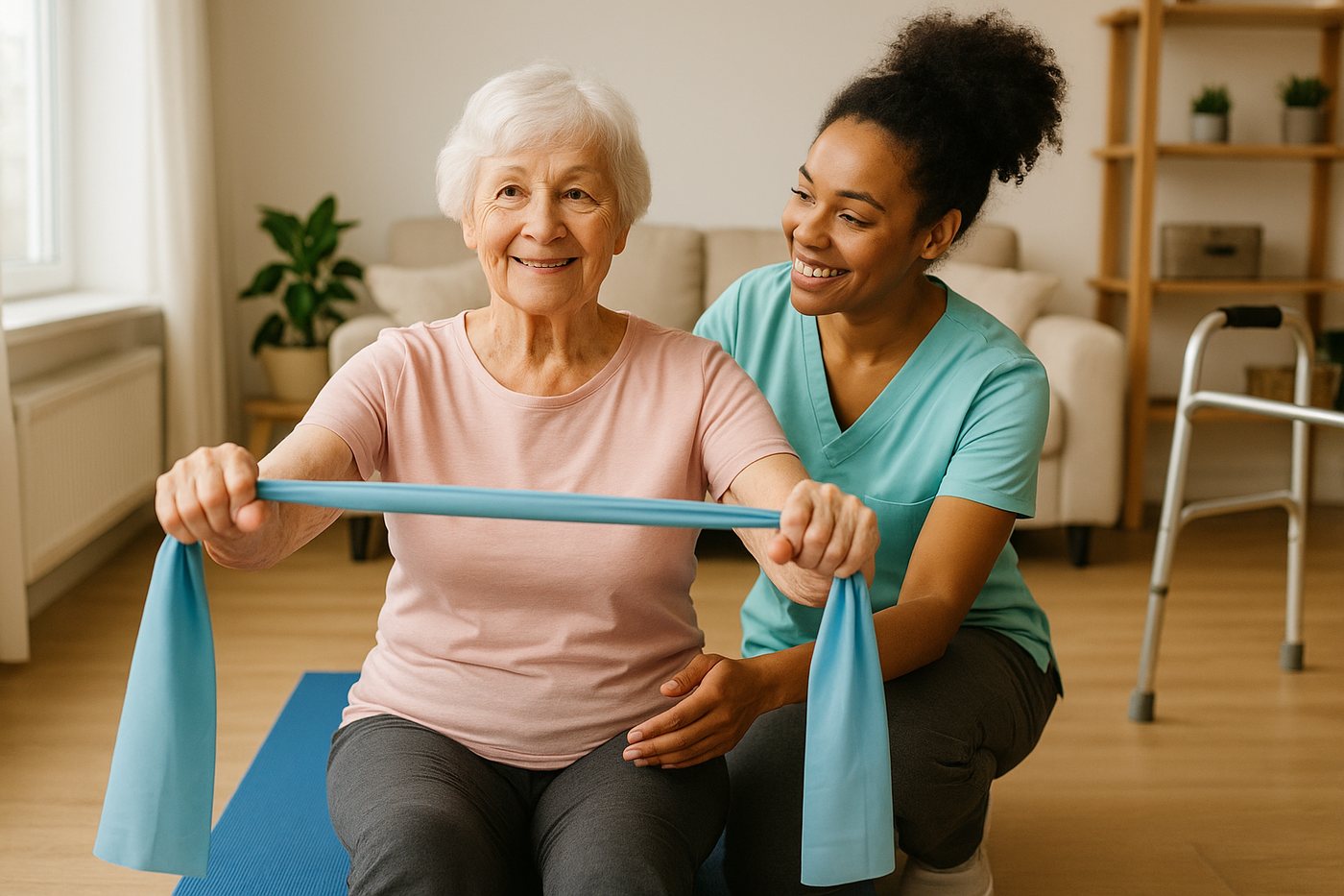 Older woman doing resistance band exercises with a physiotherapist
