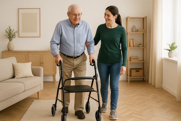 Physiotherapist helping an older man walk with a frame at home